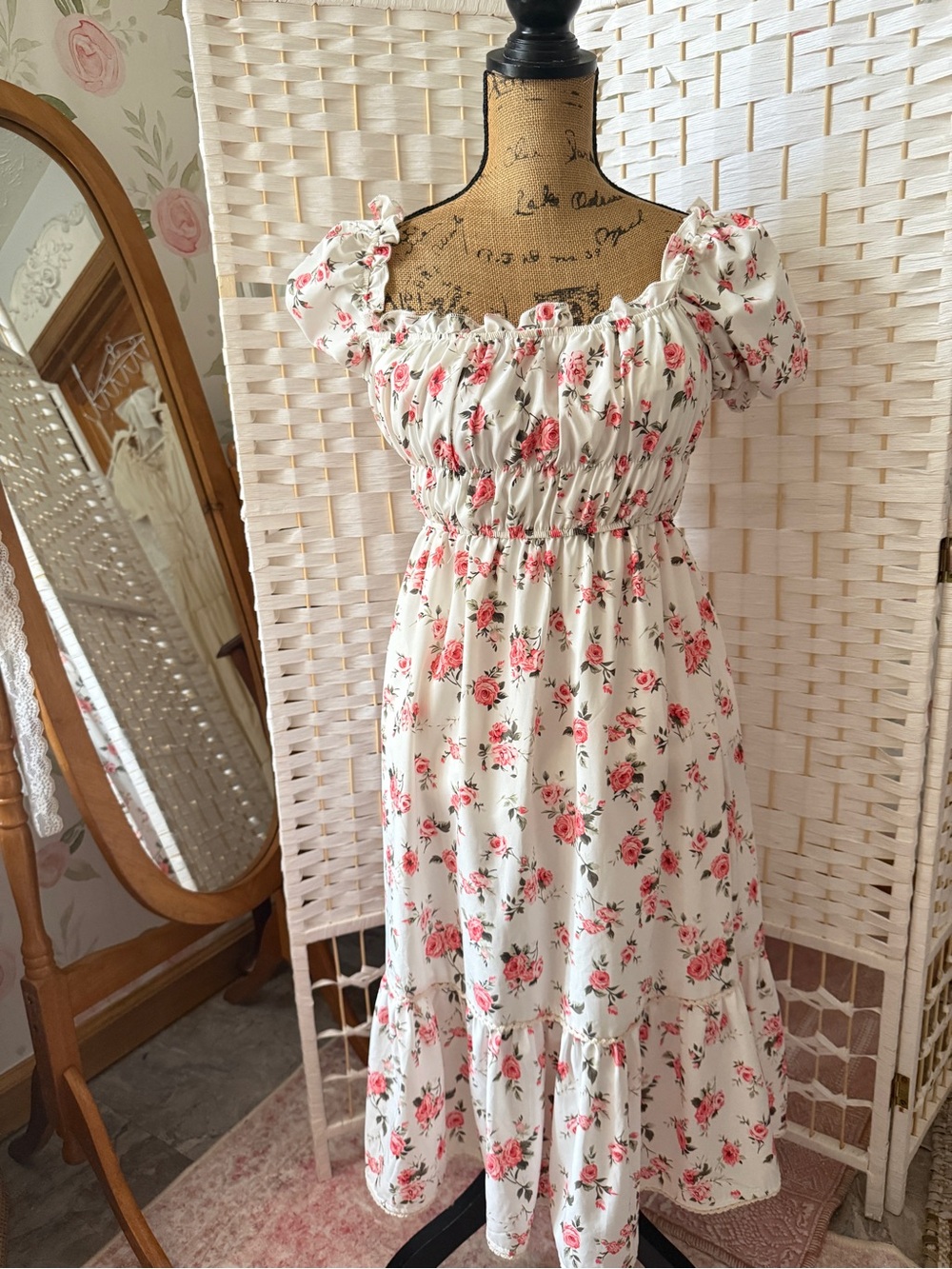 White Floral Puff Sleeve Midi Dress with Pink Roses